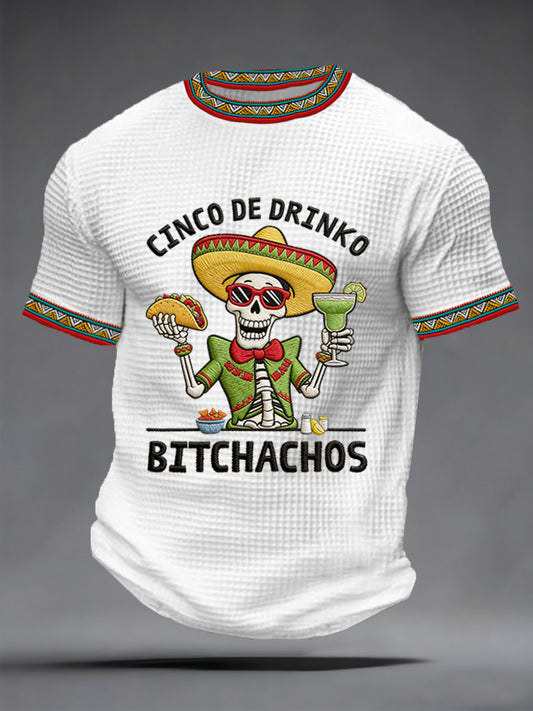 Men's Funny Cinco De Mayo Bitchachos Skull Print Waffle Tee