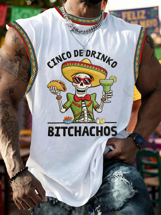 Men's Funny Cinco De Drinko Bitchachos Skull Print Tank Top