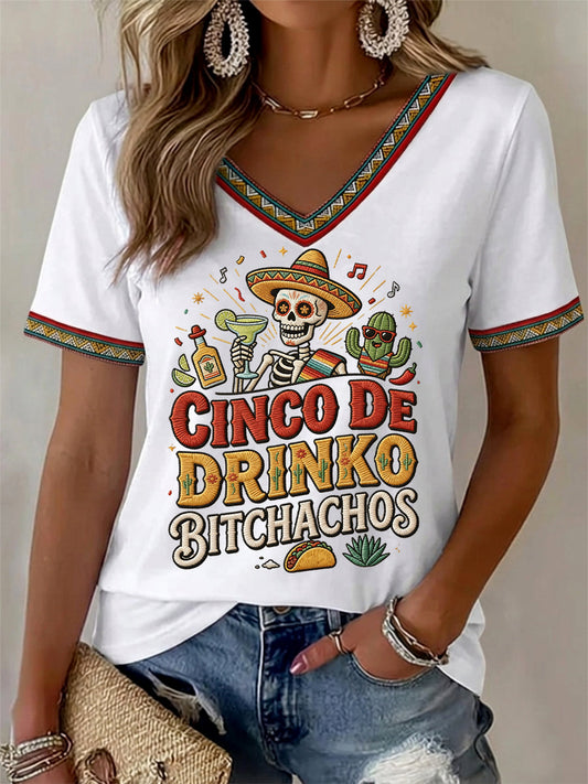 Women's Funny Cinco De Drinko Bitchachos Skull Print V-Neck Tee