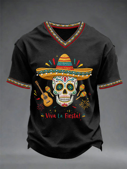 Men's Viva La Fiesta! Skeleton Print Casual V-Neck Tee