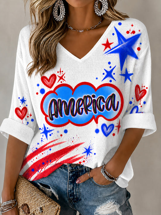 Women's Airbrush Style 4th of July Graffiti Print Waffle T-shirt