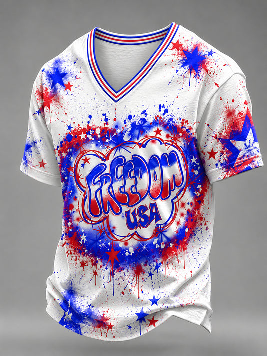 Men's Airbrush Style 4th of July Graffiti Print V-Neck T-shirt