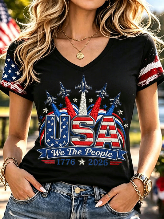 Women's Independence Day USA Flag Jet Print Casual V-Neck Patriotic Tee