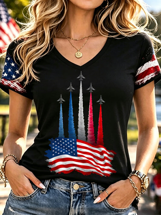 Women's Independence Day USA Flag Jet Print Casual V-Neck Patriotic Tee