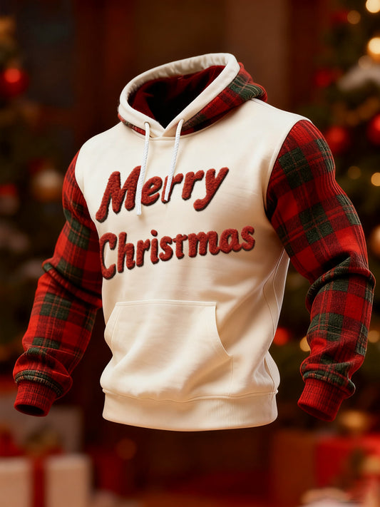 Men's Merry Christmas Red Plaid Print Casual Hoodie