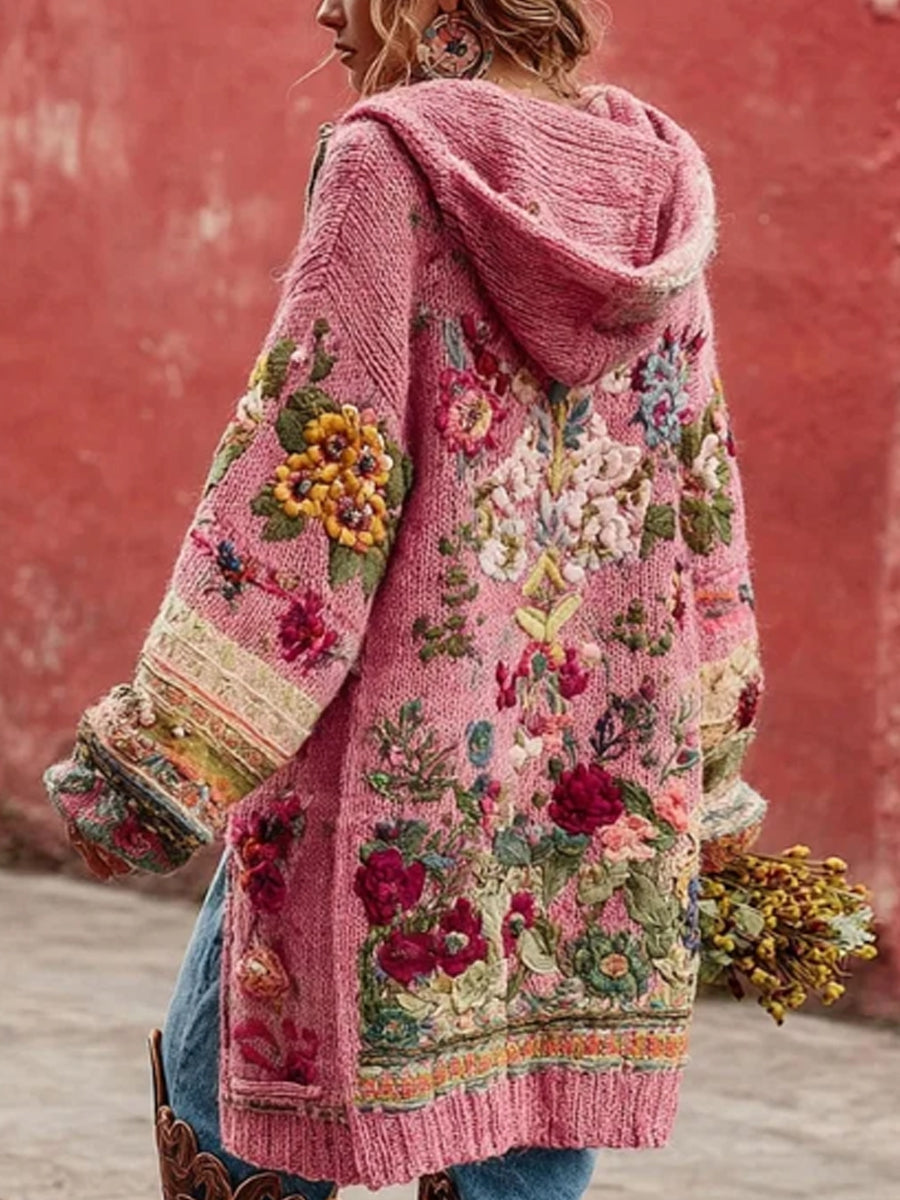 Women's Breast Cancer Awareness Floral Button Cardigan Hooded Sweater