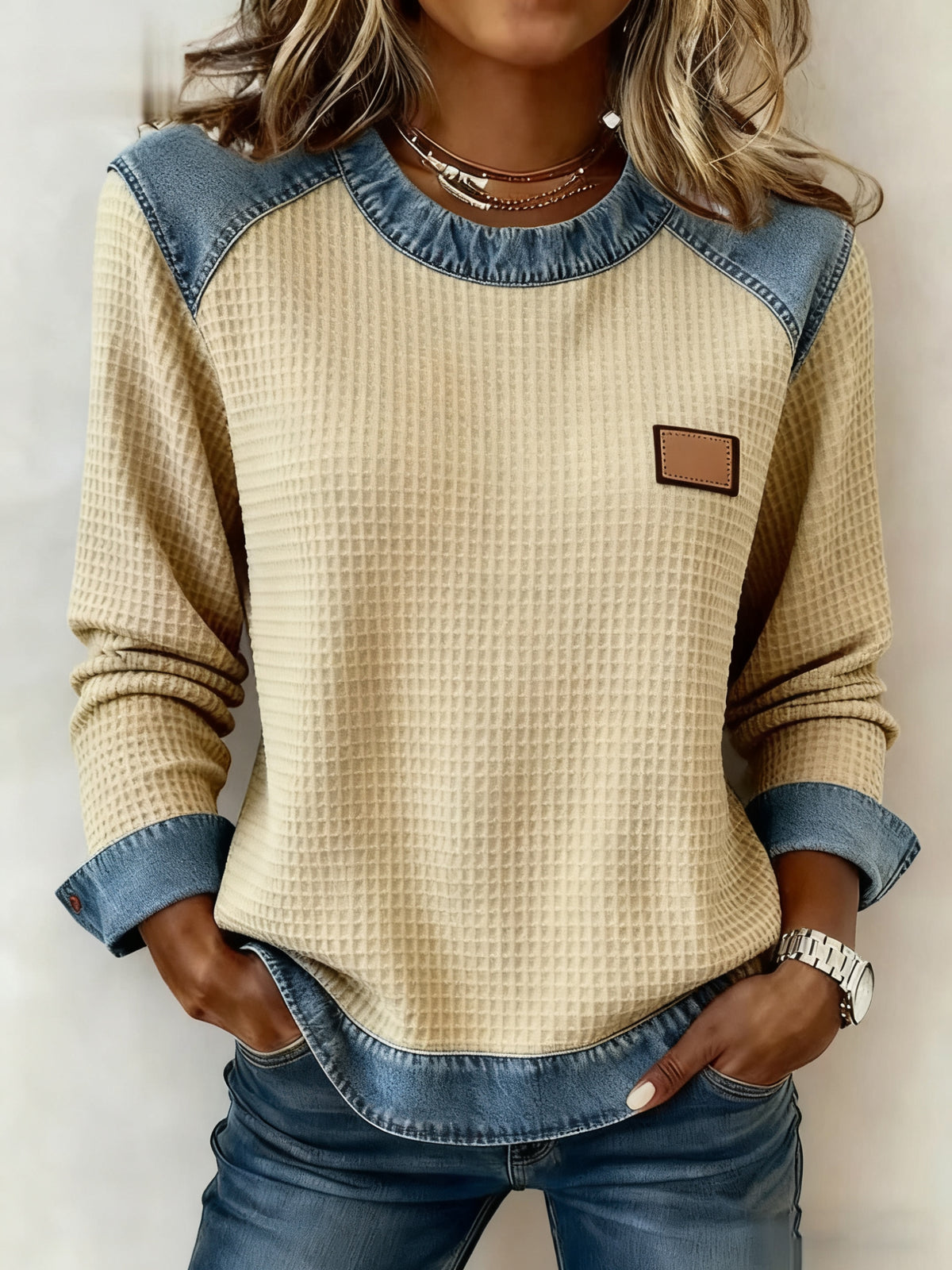 Women's Fashion Patchwork Design Waffle Sweatshirt