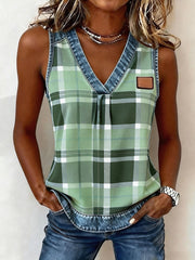 Women's Plaid Pattern Denim Patchwork Top