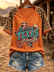Women's She's From Texas I Can Tell Print Casual V-Neck Tee