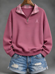 Women's Pink Checkered and Pink Charity Ribbon Pattern Casual Half-Zip Sweatshirt