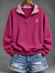 Women's Pink Checkered and Pink Charity Ribbon Pattern Casual Half-Zip Sweatshirt