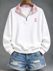 Women's Pink Checkered and Pink Charity Ribbon Pattern Casual Half-Zip Sweatshirt