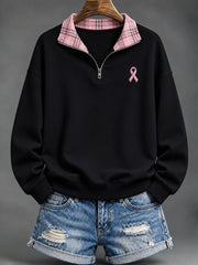 Women's Pink Checkered and Pink Charity Ribbon Pattern Casual Half-Zip Sweatshirt