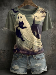 Women's Halloween Black Cat Ghost Printed short-sleeved T-shirt