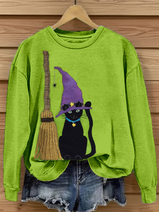 Women's Halloween Cat Patchwork Art Sweatshirt