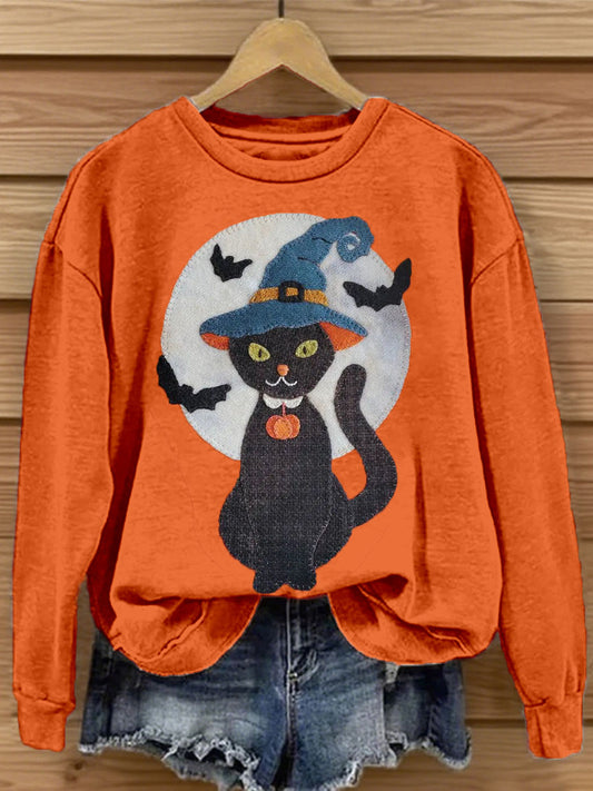 Women's Halloween Cat Patchwork Art Sweatshirt