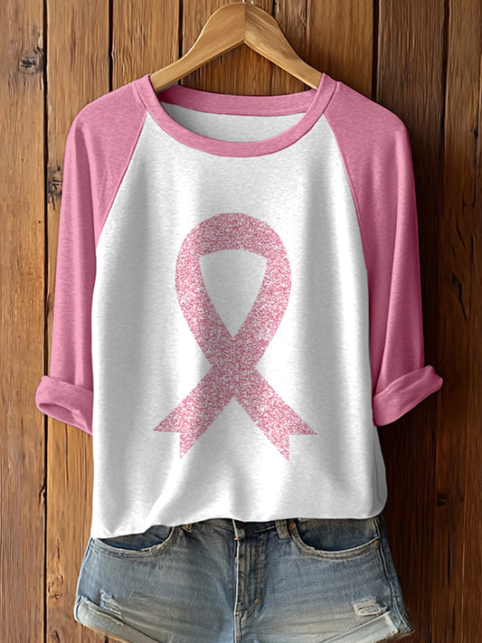 Women's Shiny Pink Ribbon Print T-Shirt
