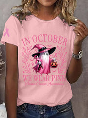 Women's In October We Wear Pink Breast Cancer Awareness Halloween Pink Ghost Print Tee