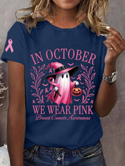 Women's In October We Wear Pink Breast Cancer Awareness Halloween Pink Ghost Print Tee