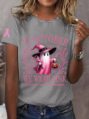 Women's In October We Wear Pink Breast Cancer Awareness Halloween Pink Ghost Print Tee