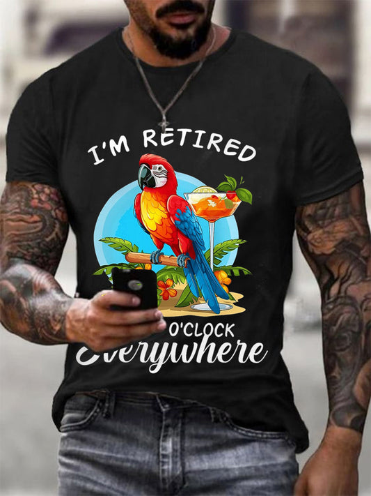 Men's I‘m Retired It‘s 5 O'clock Everywhere Parrot Print Casual Tee