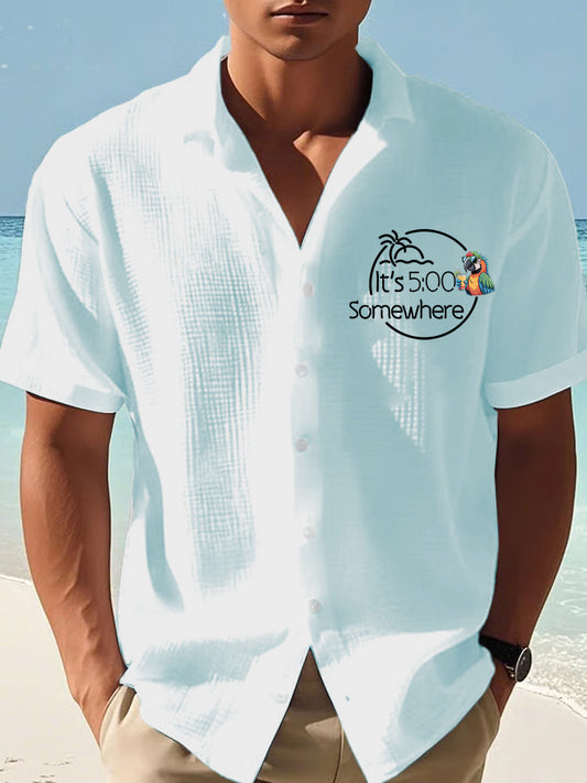 Men's It‘s 5 O'clock Somewhere Parrot Print Casual Waffle Short-Sleeve Shirt