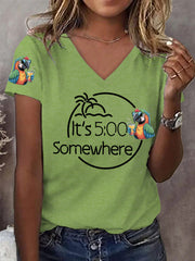 Women's It‘s 5 O'clock Somewhere Parrot Print Casual V-Neck Tee