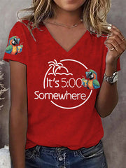 Women's It‘s 5 O'clock Somewhere Parrot Print Casual V-Neck Tee