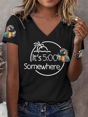 Women's It‘s 5 O'clock Somewhere Parrot Print Casual V-Neck Tee