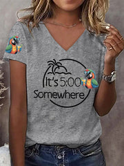 Women's It‘s 5 O'clock Somewhere Parrot Print Casual V-Neck Tee