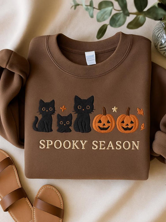 Women's Round Neck Halloween Black Cat Pumpkin Embroidery Loose Long Sleeve Top
