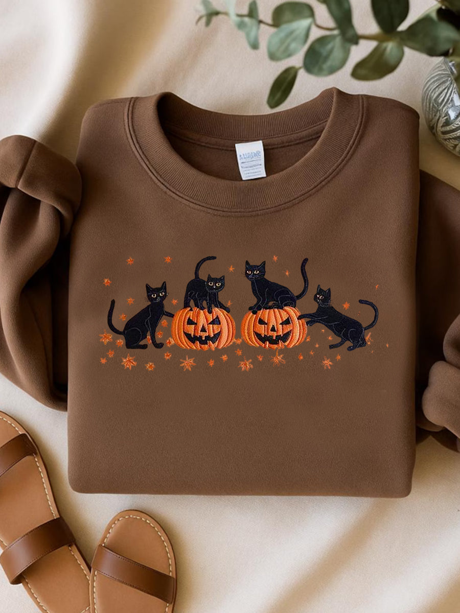Women's Round Neck Halloween Black Cat Pumpkin Embroidery Loose Long Sleeve Top