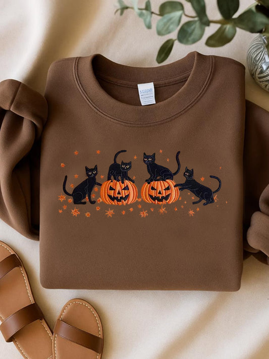 Women's Round Neck Halloween Black Cat Pumpkin Embroidery Loose Long Sleeve Top