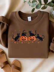 Women's Round Neck Halloween Black Cat Pumpkin Embroidery Loose Long Sleeve Top