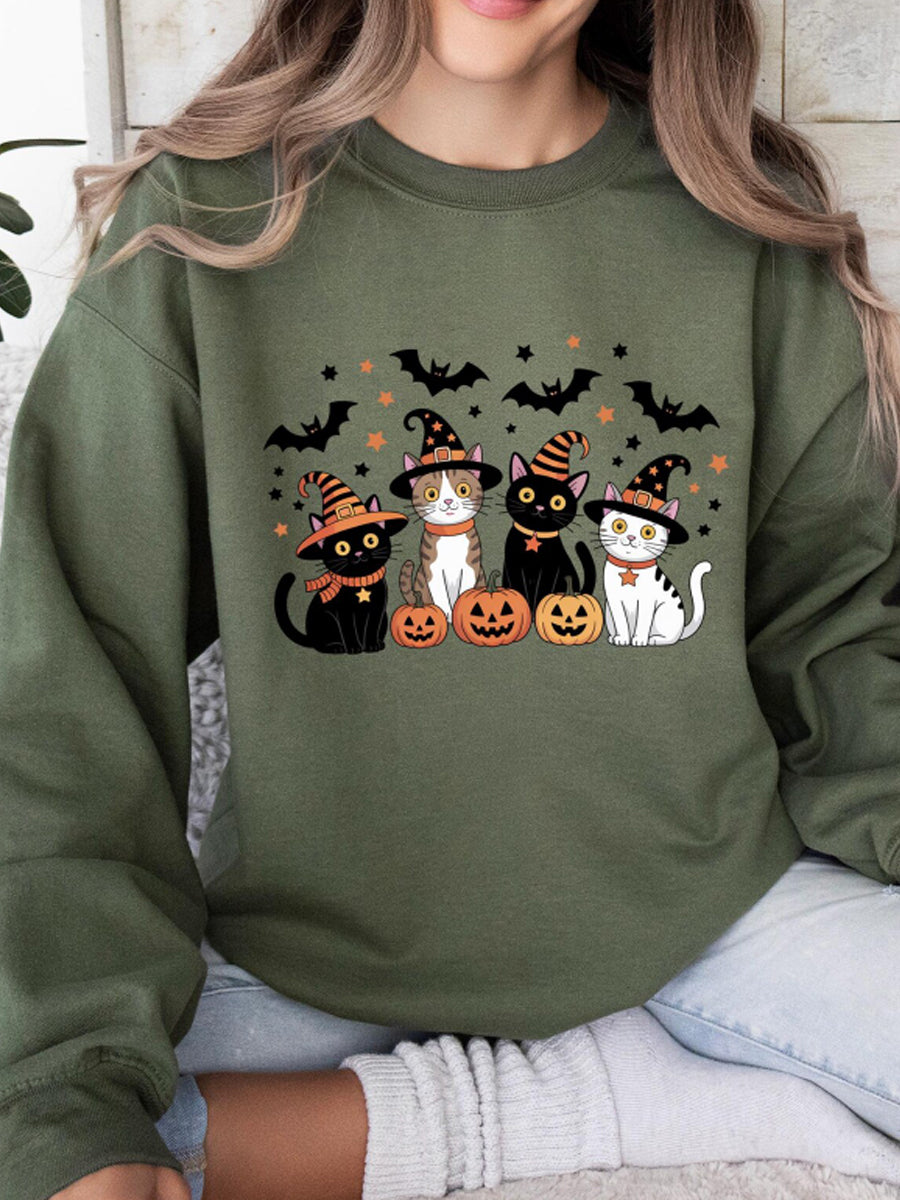 Women's Round Neck Halloween Black Cat Pumpkin Embroidery Loose Long Sleeve Top