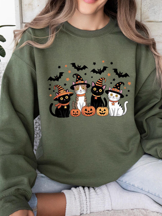 Women's Round Neck Halloween Black Cat Pumpkin Embroidery Loose Long Sleeve Top