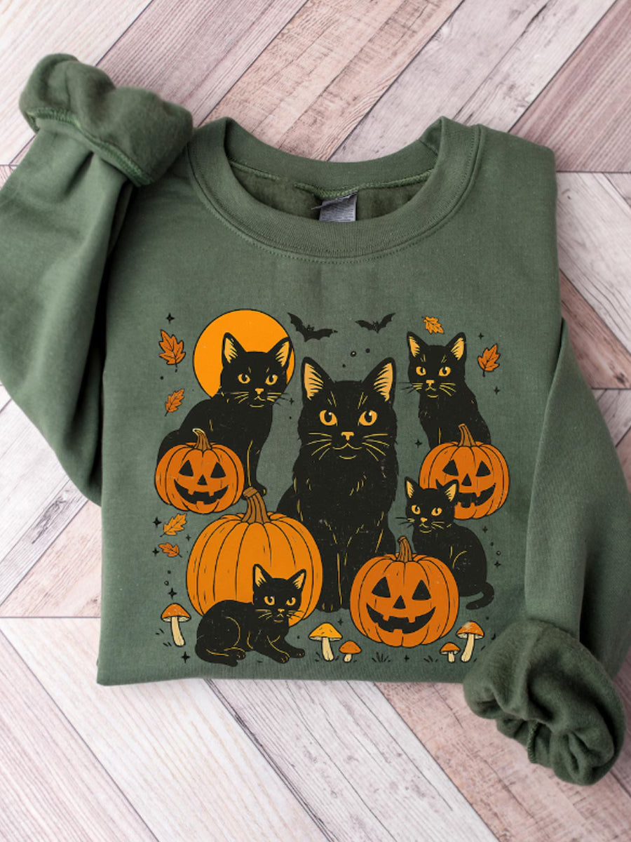 Women's Round Neck Halloween Black Cat Pumpkin Embroidery Loose Long Sleeve Top