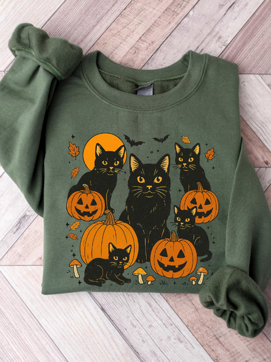 Women's Round Neck Halloween Black Cat Pumpkin Embroidery Loose Long Sleeve Top