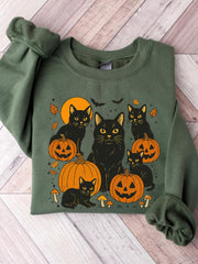 Women's Round Neck Halloween Black Cat Pumpkin Embroidery Loose Long Sleeve Top