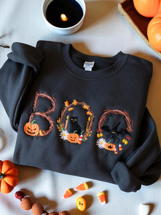 Women's Round Neck Halloween Black Cat Pumpkin Embroidery Loose Long Sleeve Top