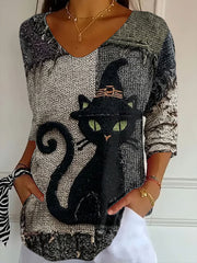 Women's Halloween Black Cat Print Top