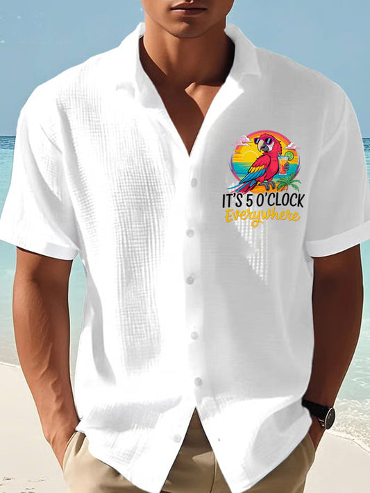 Men's It's 5 O'clock Somewhere Parrot Print Casual Waffle Short-Sleeve Shirt