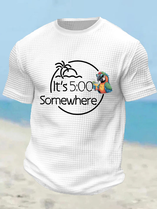Men's It‘s 5 O'clock Somewhere Parrot Print Casual Waffle Tee
