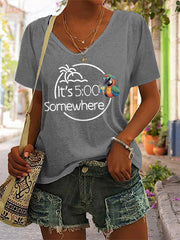 Women's It‘s 5 O'clock Somewhere Parrot Print Casual V-Neck Tee
