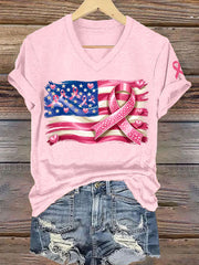 Women's Breast Cancer Awareness American Flag Pink Ribbon Print T-Shirt
