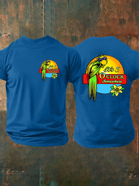 Men's It's 5:00 Somewhere Always Happy Hour Paradise Parrot Print Casual Short Sleeve Tee