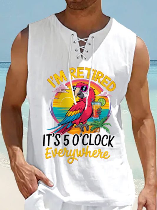 Men's I‘m Retired It‘s 5 O'clock Everywhere Parrot Print Casual Lace-up Sleeveless Shirt