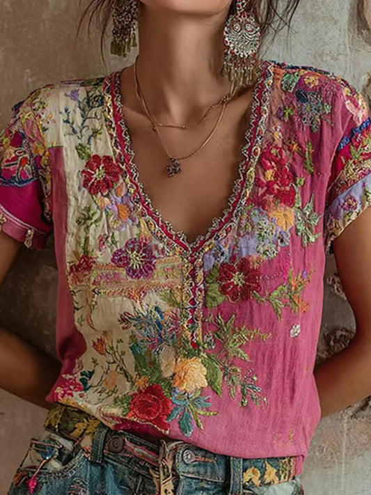 Women's Pink Floral Print Casual T-shirt