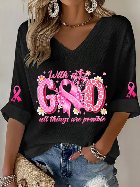 Women's Breast Cancer Awareness Pink Ribbon Waffle T-shirt