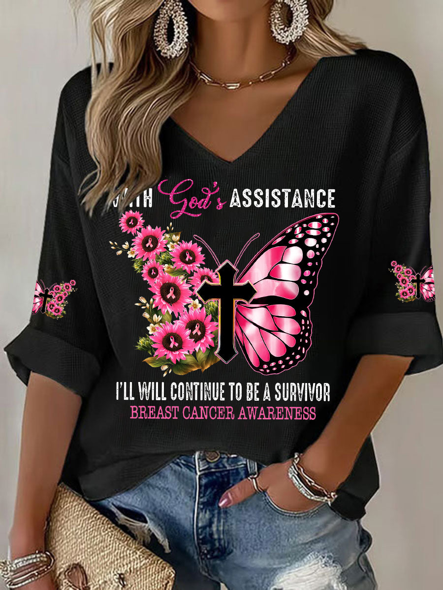 Women's With God's Assistance I'll Will Continue To Be A Survivor Waffle T-shirt